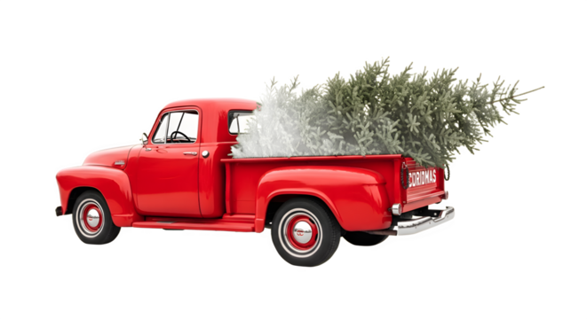 Red vintage truck carrying a Christmas tree ready for the holidays. - Powered by Adobe