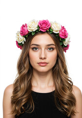 Naklejka premium Beautiful woman wearing rose flower crown headpiece floral headband fashion accessory portrait photography