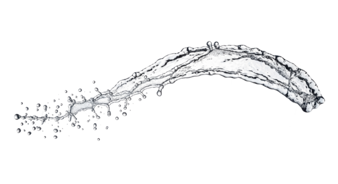 Blue water splash a curved wave of clear water splashing with many small droplets, isolated on transparent background