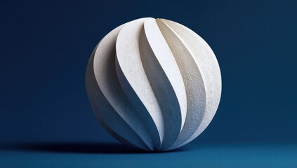 Abstract, sculptural, white sphere with?wavy,?ridged?design on dark blue backdrop