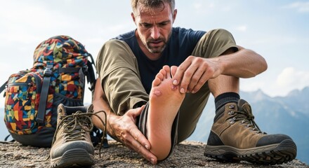 Tired hiker examining painful blisters on foot during mountain trek, outdoor adventure challenges.