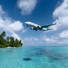 Fototapeta premium Tropical Travel Airplane Taking Off Above Turquoise Ocean with Rainbow in Background