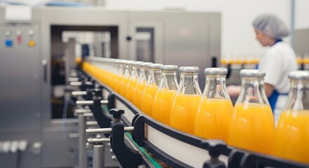 Orange Juice Bottles on Conveyor Belt Food Production and Quality Control in Factory