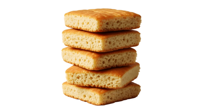 Stack of Five Golden Brown Square Cornbread Slices on White Background.