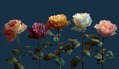 Five vibrant roses in varying hues of peach, orange, pink, and burgundy, set against a deep teal background