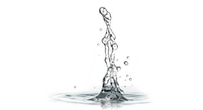 Blue water splash single water jet erupting from a surface, forming a tall, slender, abstract shape isolated on transparent background