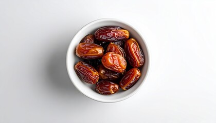 Obraz premium Close Up Of A White Bowl Filled With Sweet Glazed Dates On A Plain White Background