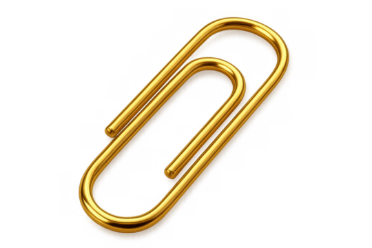 Golden metal paper clip for office and stationery supplies, binding documents, adding a touch of luxury, transparent background