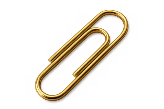 Gold paperclip for office work and stationery organizing, shiny metallic fastener on transparent background