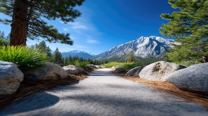 Scenic mountain trail with snow capped peaks and pine trees on a sunny day with blue sky and white clouds