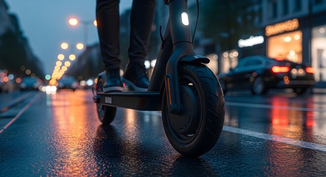 Electric Scooter Ride on a Rainy City Street at Night for Eco-Friendly Commuting - Powered by Adobe