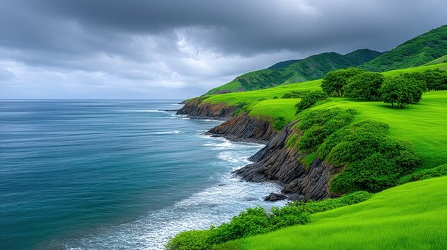 Dramatic Coastal Cliffs With Crashing Waves Under A Moody Sky Lush Green Grass And Dark Rocky Shoreline Under A Cloudy Overcast Day