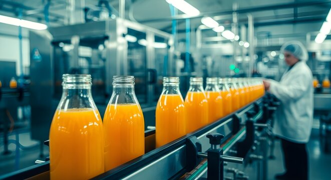 Bottles of orange juice move along a production line inside a juice factory