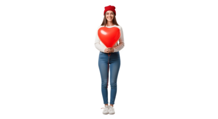 Young Woman Holding Red Heart Balloon and Wearing Red Beret.