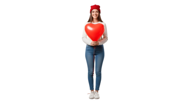 Young Woman Holding Red Heart Balloon and Wearing Red Beret.