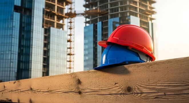 Construction Site Safety Hard Hats on Lumber with Skyscrapers in the Background