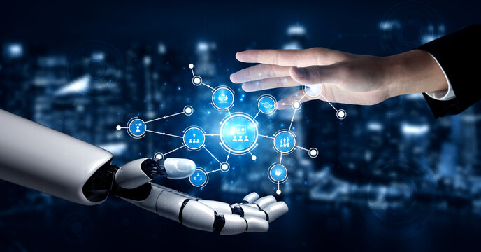 A striking image depicting the connection between human and robotic hands showcasing the fusion of technology and humanity in a digital age. Tessel
