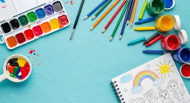 Colorful Art Supplies Spread on Light Blue Background for Creative Projects - Powered by Adobe