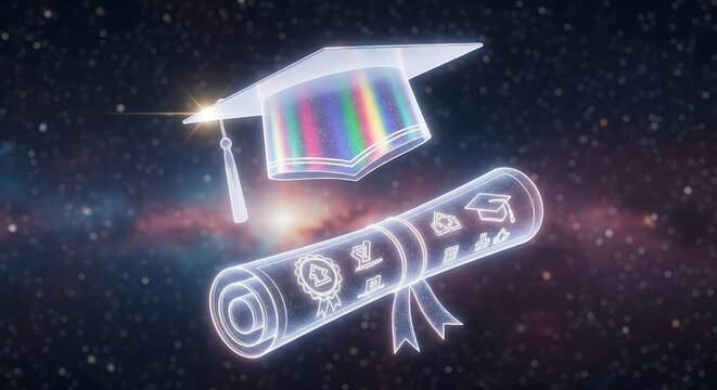 A holographic graduation cap and diploma float in the vastness of space, symbolizing academic achievement and the pursuit of knowledge.