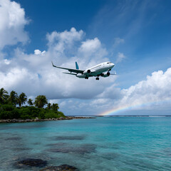 Naklejka premium Airplane Flying Over Tropical Island Paradise with Rainbow Captivating Travel Destination