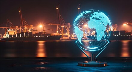 Global Logistics Network Digital Globe Visualization at Port with Cranes and Container Ships