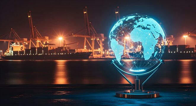 Global Logistics Network Digital Globe Visualization at Port with Cranes and Container Ships