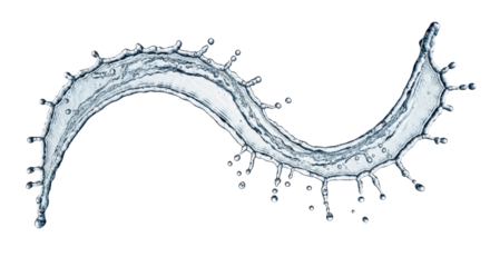 Blue water splash curving water splash forming an sshape with droplets flying off isolated on transparent background