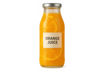 Glass bottle containing fresh orange juice with citrus slices, natural healthy beverage, transparent background