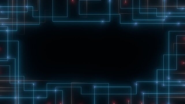 Futuristic Digital Network with Glowing Blue and Red Lines. Tech Circuit Frame on Dark Background. Seamless loop. Created using non-AI 3d software 