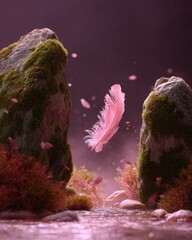 Pink feather floats between mossy rocks by a stream