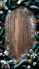 Dark rustic wooden background with an oval border of deep green fabric, frosted pine branches, pine cones, and a dusting of snow. Cozy holiday frame