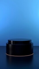 A sleek, black, two-tiered cylindrical product display podium with a subtle gold glow at the base, set against a dramatic dark blue gradient background