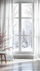 A cozy interior view through a large white window onto a bright, snow-covered winter forest with bare trees and a pine. Perfect holiday or seasonal backdrop