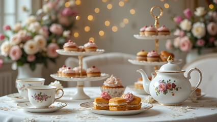Elegant English afternoon tea party set, cupcakes, teapot, floral pattern, celebration, vintage, dessert