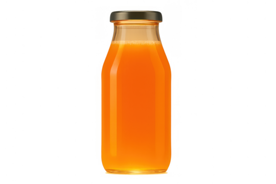 Glass bottle filled with refreshing orange juice, healthy fruit beverage for energy and vitamin c, isolated on transparent background