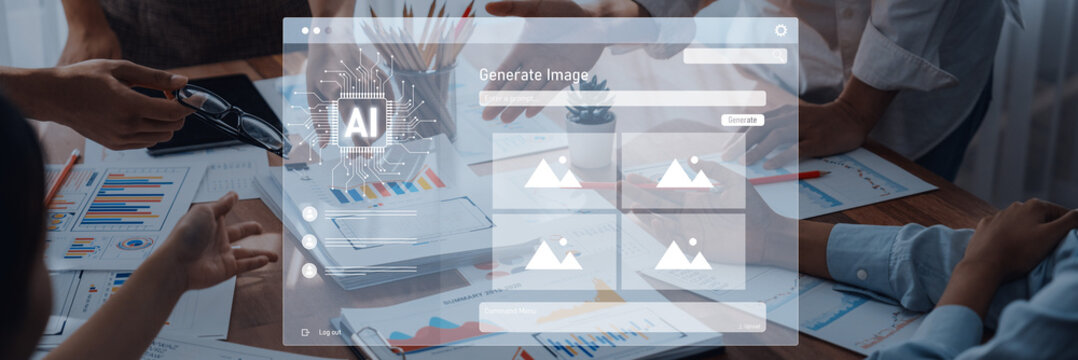Modern workspace features digital interface for AI image generation, showcasing creative collaboration, business documents, and engaged teamwork in a professional setting. Trope