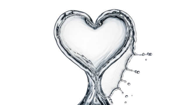 Blue water splash a heart shape formed by splashing water, isolated on transparent background