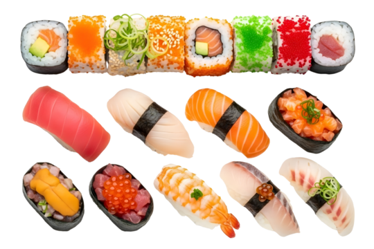 Sushi set on black slate plate isolated on transparent background, top view