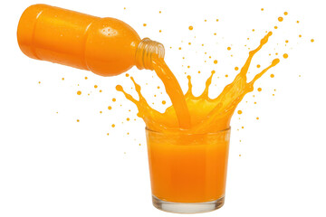 Obraz premium Orange juice spilling from a plastic bottle into a glass, creating a dynamic splash with droplets, healthy summer drink