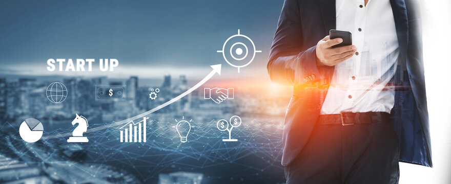 A business start up growth strategy from idea to success. The process of funding, planning, and partnership to reach global market targets. Motif