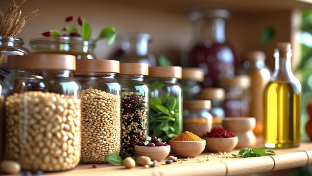 Healthy Lifestyle kitchen shelf arranged with curated organic food essentials highlighting natural textures, warm tones, and a clean aesthetic designed to inspire wellness every day