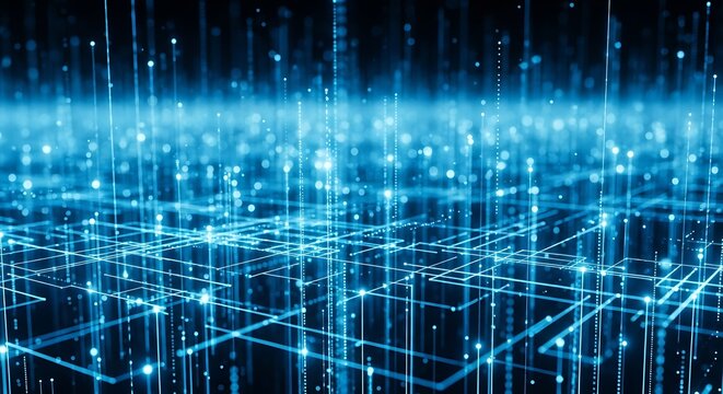 Abstract digital network grid with glowing blue lights and data connections