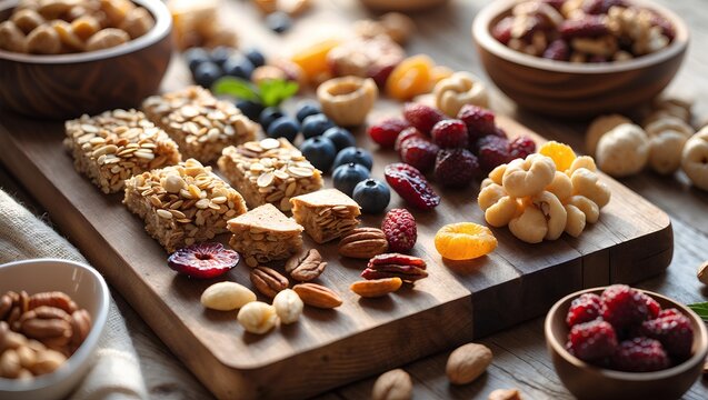 Healthy Lifestyle wooden board filled with homemade healthy snacks featuring nuts, fruits, and granola bars arranged beautifully to inspire balanced nutrition and mindful everyday eating habits - Powered by Adobe