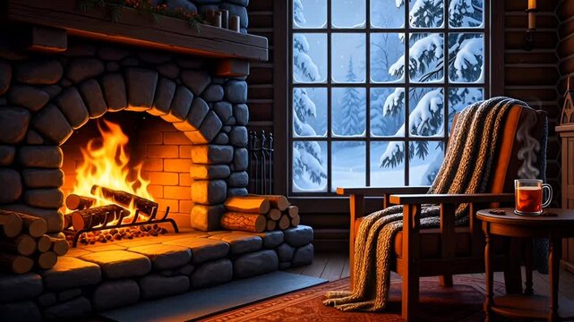 Armchair with striped blanket near fireplace and snowy pine view through window. seamless looping 4k video background