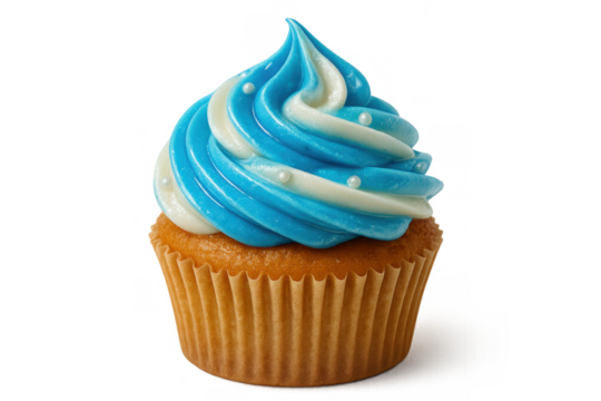 Cupcake with blue and white swirl frosting and pearl sprinkles, baked sweet dessert for celebration, transparent background