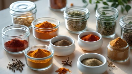 Healthy Lifestyle neatly designed spice jars in a minimalist kitchen setting that reflect calm aesthetics, clean organization, and the harmony of simplicity in everyday healthy routines