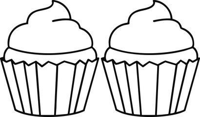 Simple black and white line art illustration of two cupcakes, perfect for coloring books