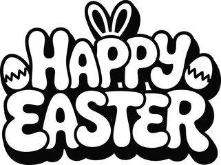 Happy Easter Script Lettering with Bunny Ears and Eggs .