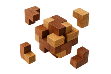 Wooden burr puzzle partially assembled, showing problem-solving, construction, logic, and challenge on transparent background