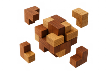 Wooden burr puzzle partially assembled, showing problem-solving, construction, logic, and challenge on transparent background